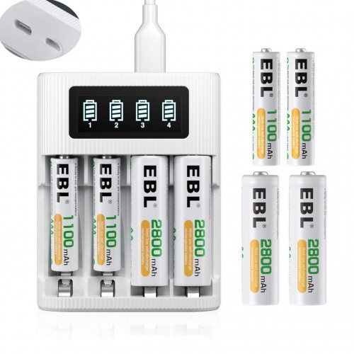 [Z0130370008] [I]EBL EB-64091222 LCD Battery Charger With Type C and Micro USB input and 4Pcs AAA 1100mah